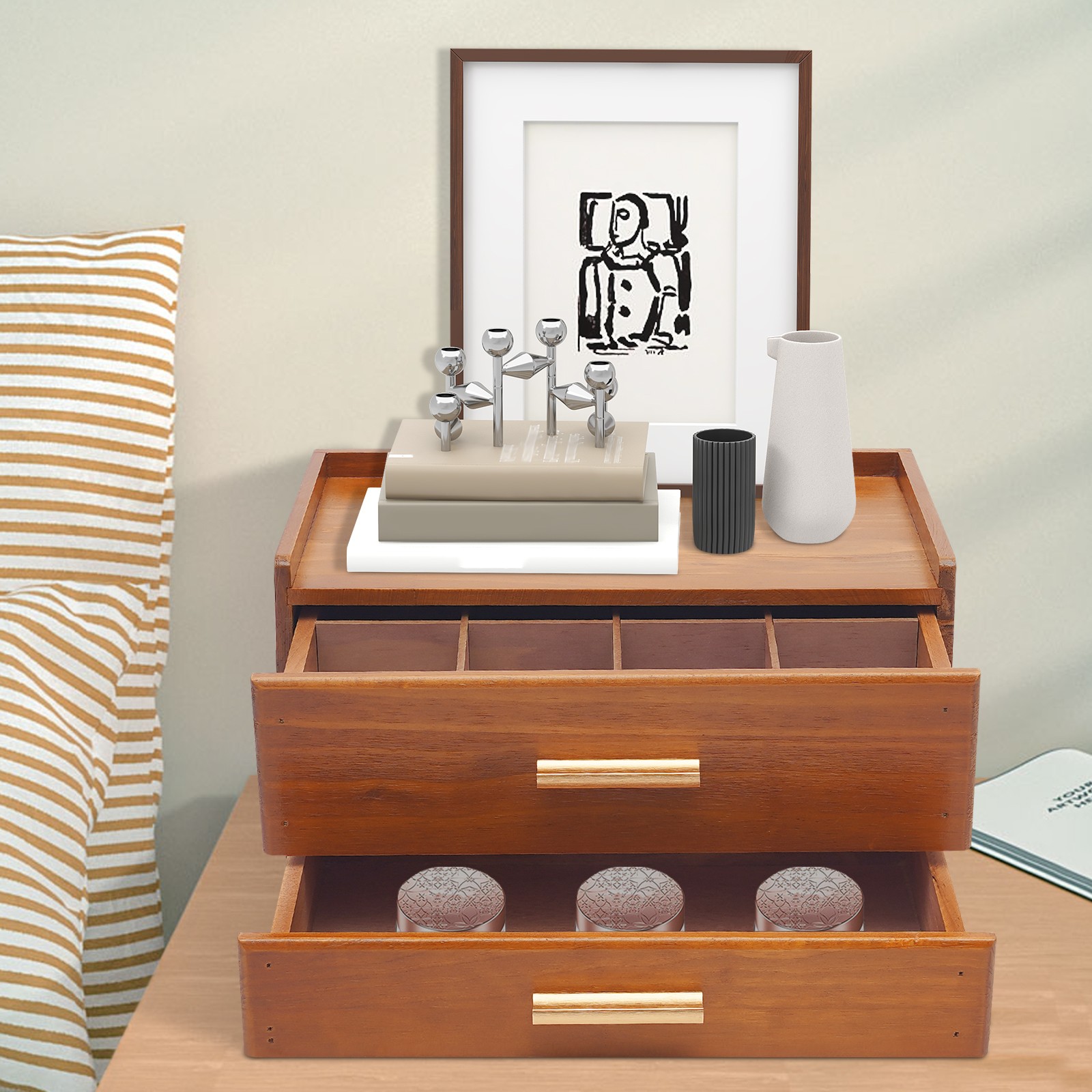 Desktop Organiser With 2 Drawers, Wood Tea Bag Organizer With Drawer For Studies gallery
