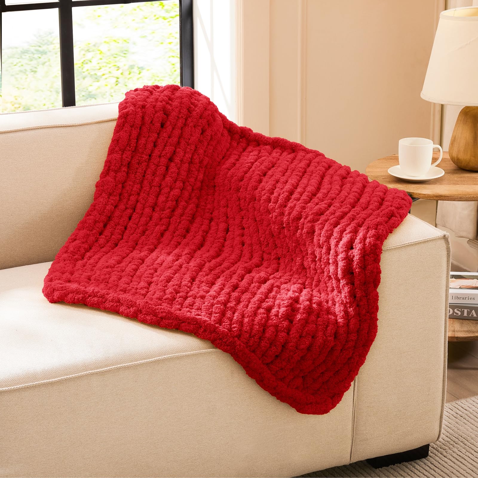Chunky Knit Blanket Throw Soft Hand Knitted Chenille Crochet Red 30x40 Inch gallery