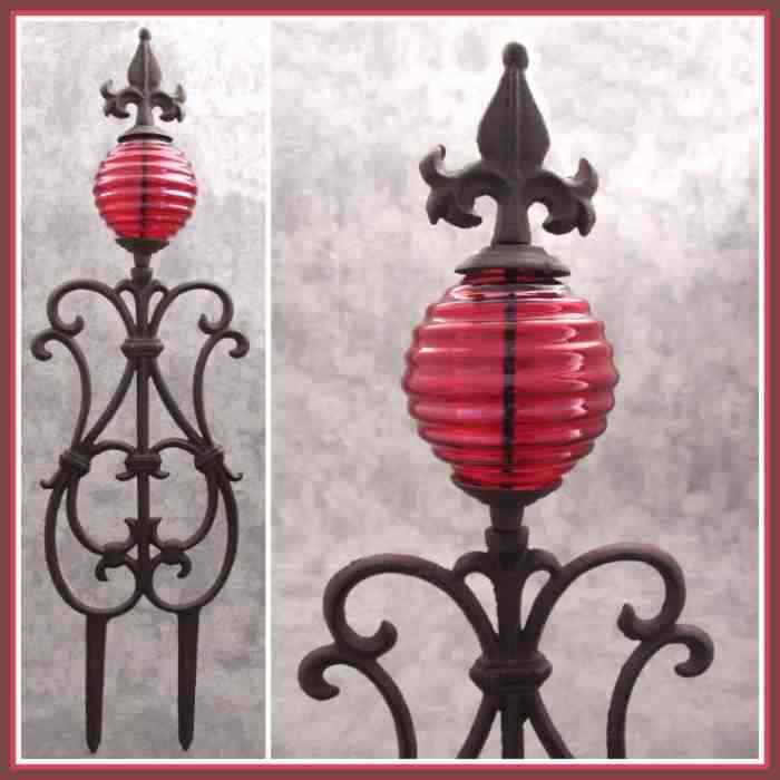 FLEUR-DE-LIS & RED GLASS GLOBE Cast Iron GARDEN STAKE Yard Art Garden Decor gallery