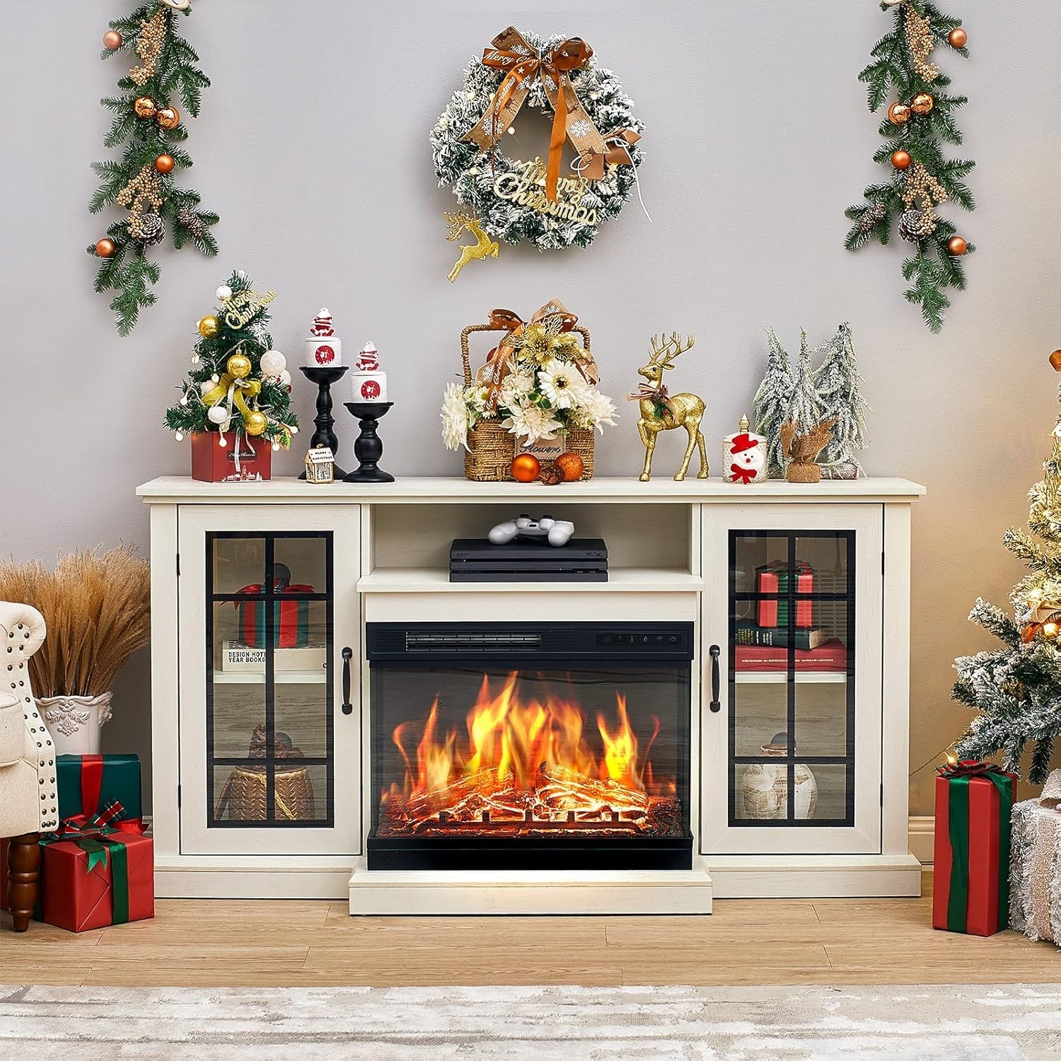 59" 3-Sided Glass Fireplace TV Stand with 12 Color for 65 in TV Entertainment Ce gallery
