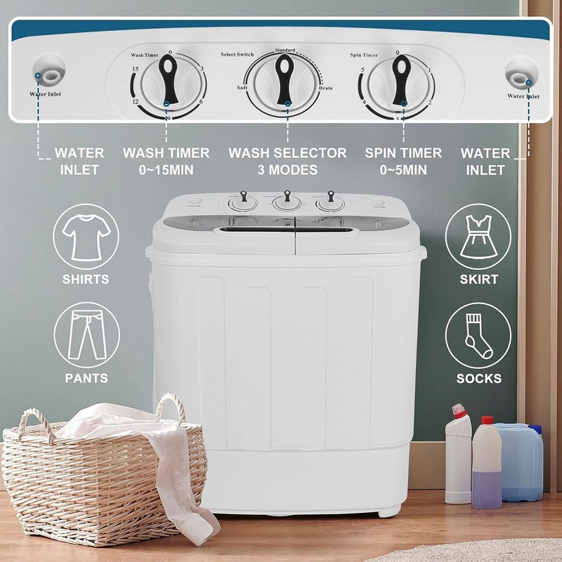 White Compact Washing Machine Mini Twin Tub Portable Washer Spin Dry Cycle 13lbs gallery