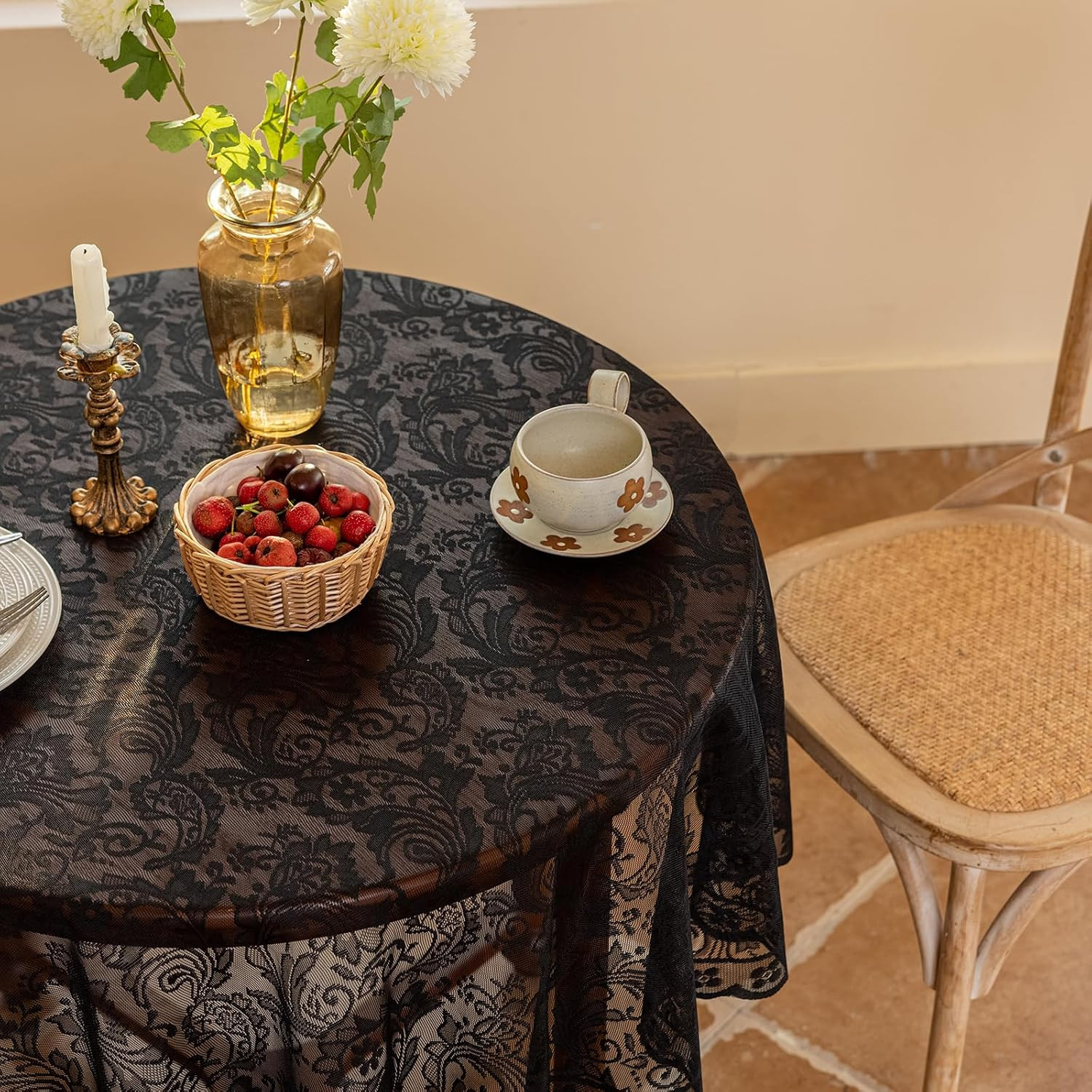 Jayla Black Lace Round Tablecloth 60 Inches Phoenix Tail Flower Embroidered Wedd gallery