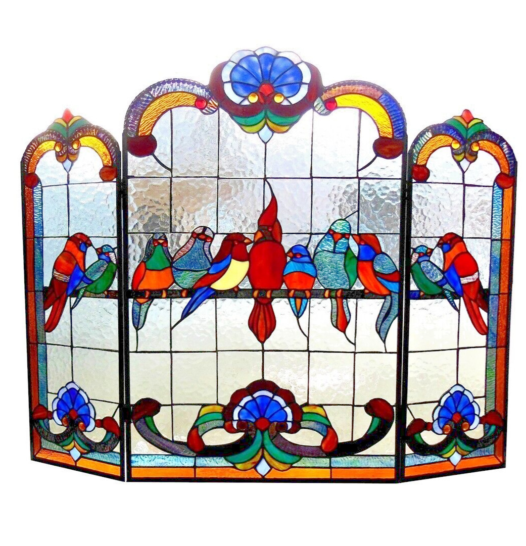 Fireplace Screen Tiffany Style Stained Glass 3 Section Gathering of Birds 32x40 gallery
