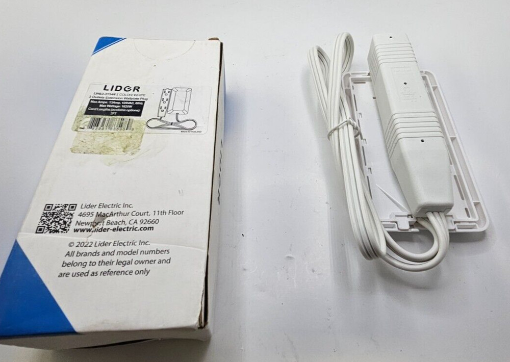 LIDER Flat-Face 3 Outlets Extension Wallplate Plug 125VAC 60Hz 3ft LWE3-315-W
