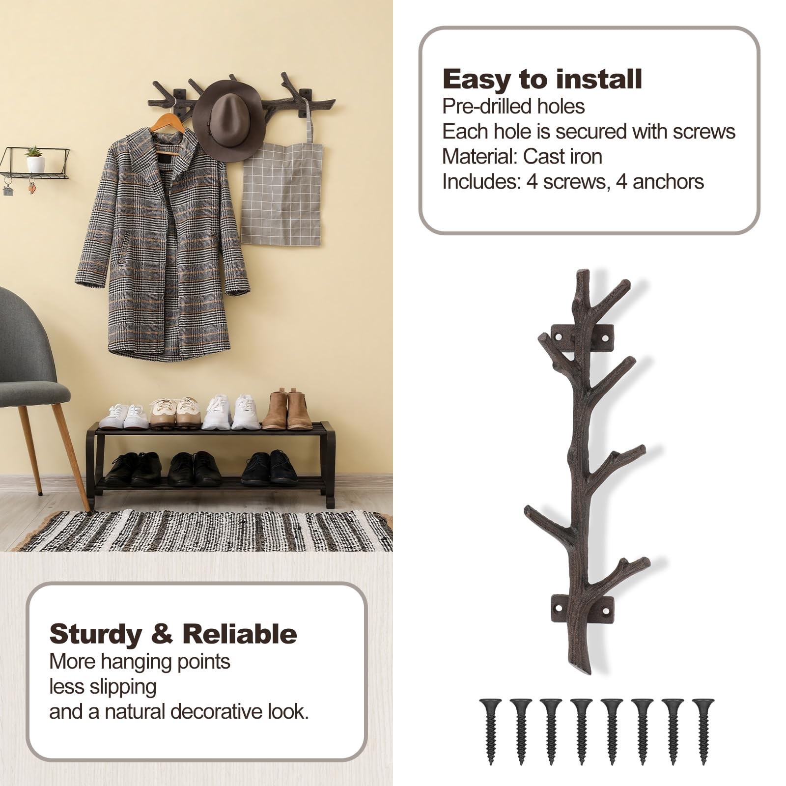 Fiwochic 12" Cast Iron Tree Branch Vertical Coat Hat Rack Wall Mount Heavy Du... gallery