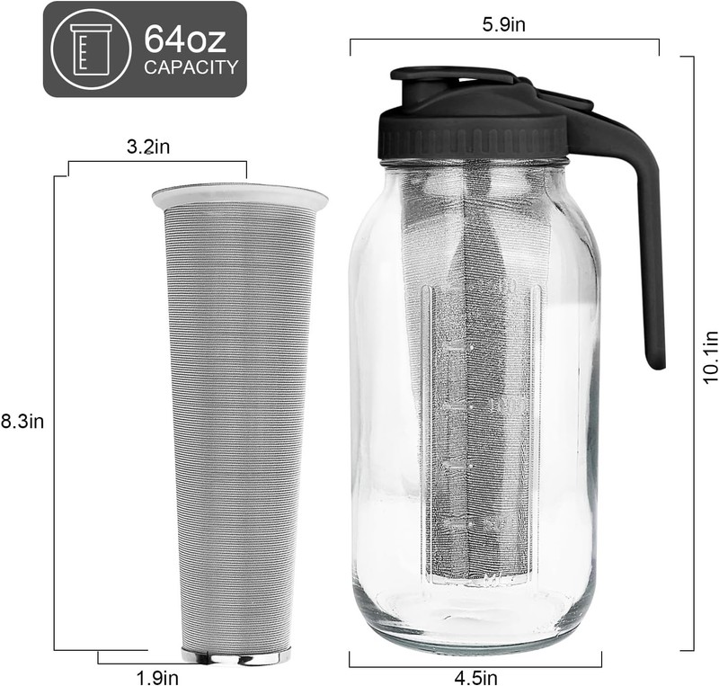 Cold Brew Coffee Maker,64 oz Mason Jar Pitcher with Stainless Steel Filter, Pour gallery