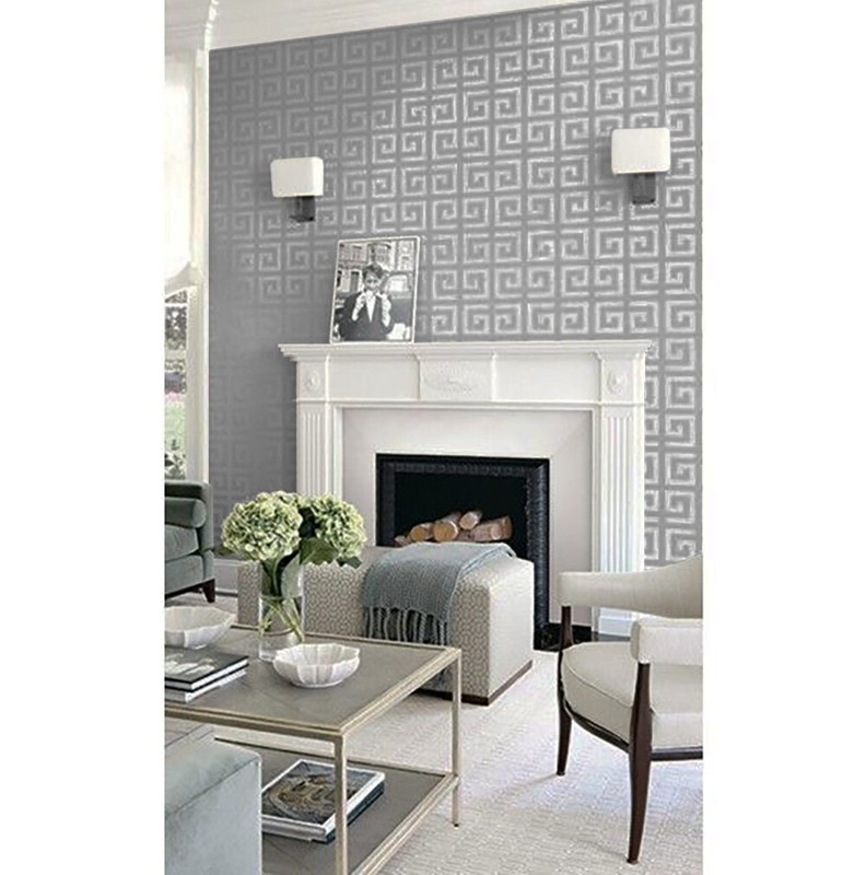 Geometric gray silver metallic matte greek key textured geo wallpaper 3D CR33400 gallery