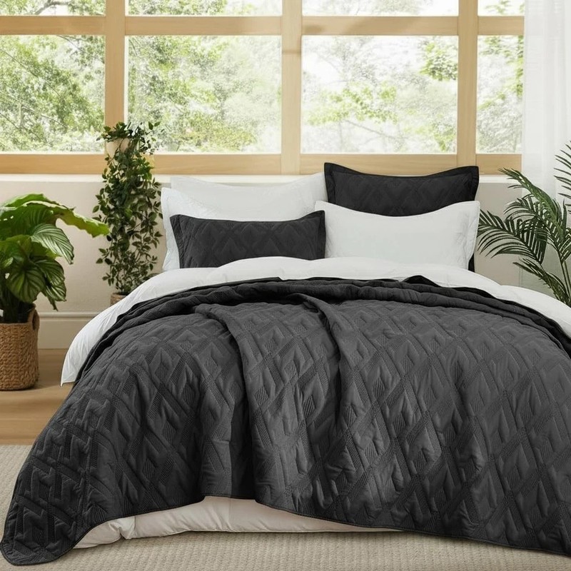 3PCS Black Reversible Quilt Bedding Set Lightweight Bed All Seasons 96"x106 King gallery