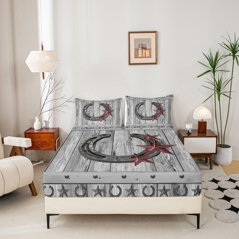 Rustic Grey Horseshoe Sheet Set Queen Size for Kids & Teens Room Decor 4Pcs gallery