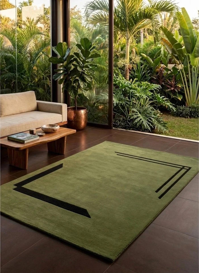Hand Tufted Wool Area Rug Modern Minimalist Sage Olive Green Black Accent Carpet gallery