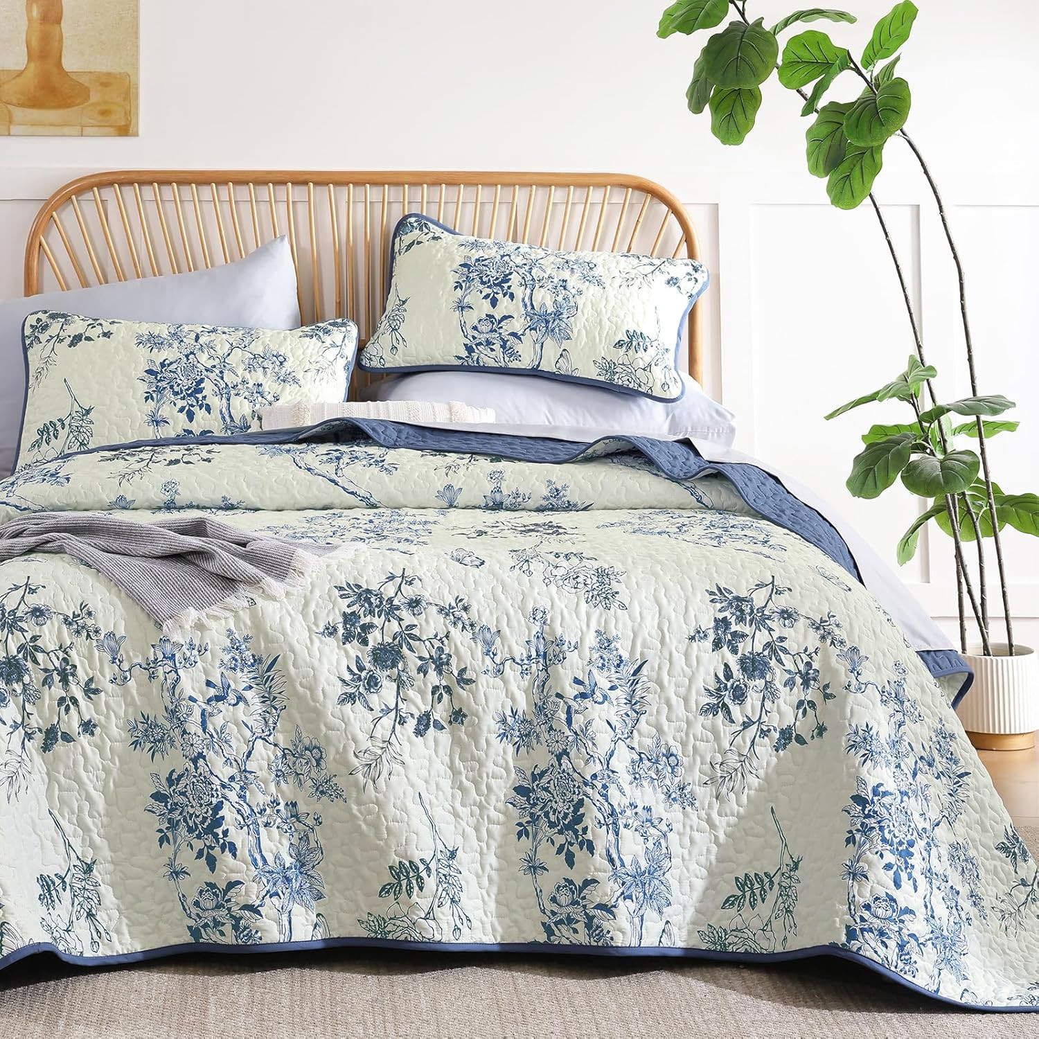 Blue Floral Quilt Set King,Botanical Leaf & Butterfly Pattern Bedspread Coverlet gallery