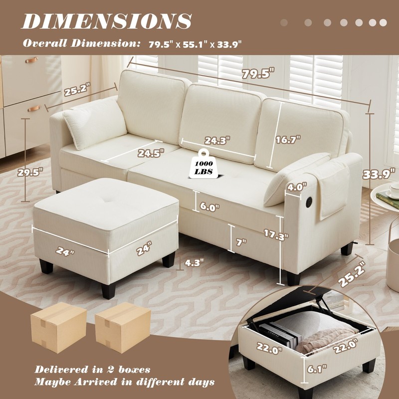 Convertible Sectional Couches W/Storage Chaise, USB Ports, Side Pockets gallery