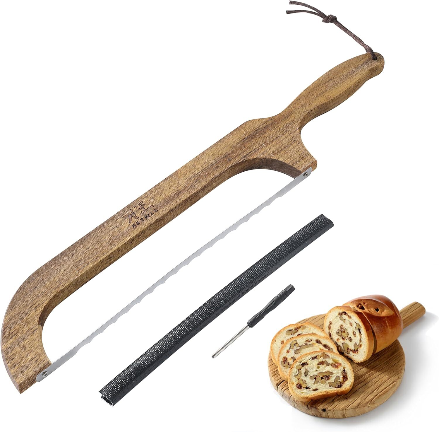 Serrated Bread Slicer, Stainless Steel Bow Knife, Sourdough Bread Knife, Wood gallery