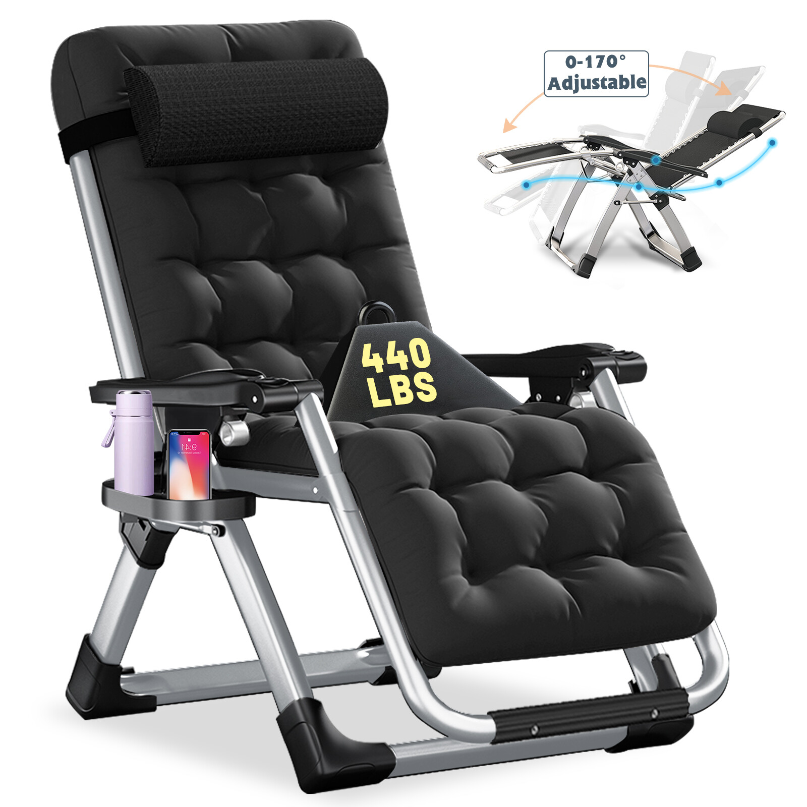 MOPHOTO Zero Gravity Chair Lounge Chair Folding Recliner W/Mat Holder&Headrest gallery