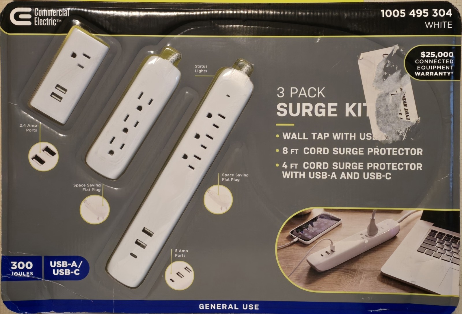 Commercial Electric 4' Multiple Outlet+Wall Mounted Surge Protector Set 3pcs NEW gallery