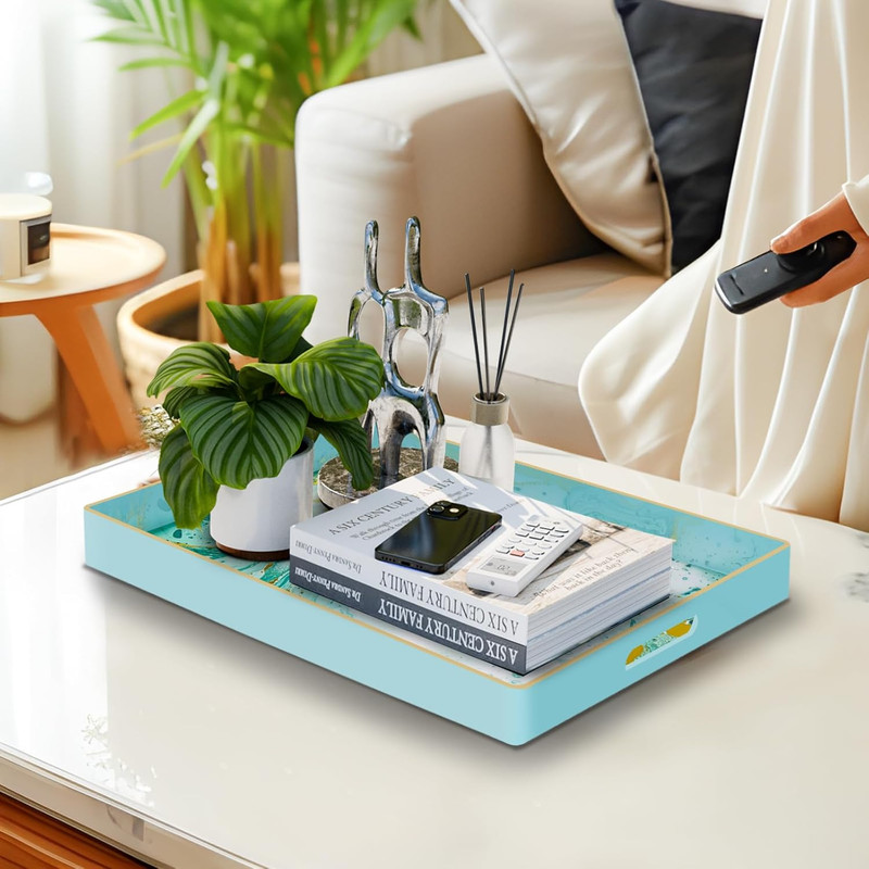 Turquoise Serving Tray with Handles, Plastic Decorative Tray for Coffee Table, M gallery