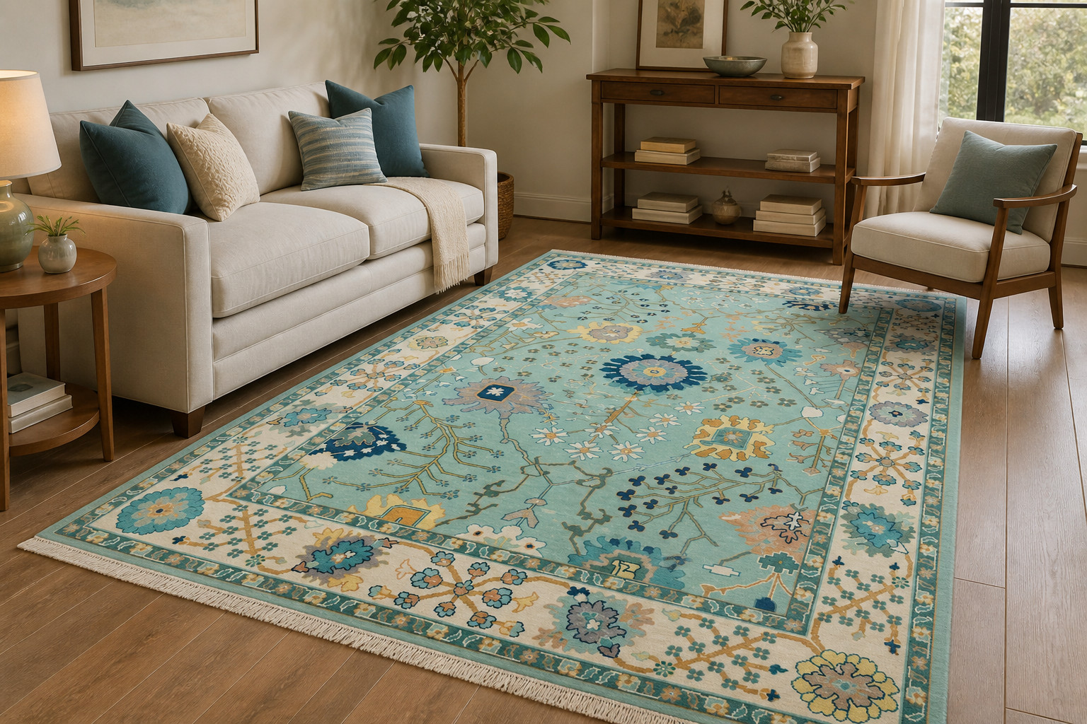 Hand Knotted Teal Blue Oushak Rug Wool Traditional Floral Oriental Carpet gallery