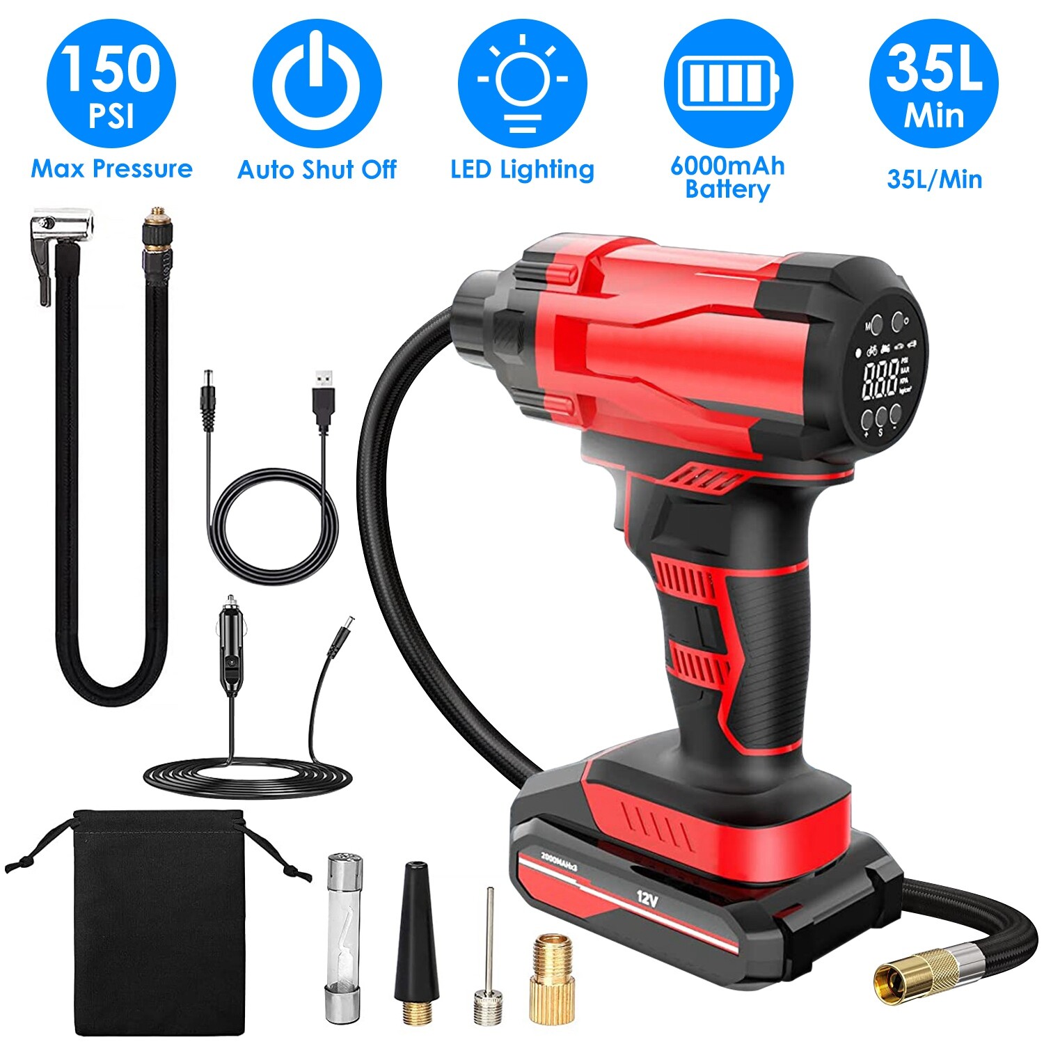150PSI 12V Portable Cordless Tire Inflator Air Compressor with Pressure Gauge gallery