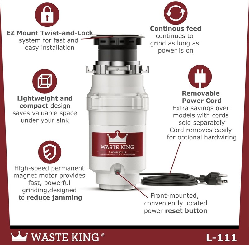 Waste King Garbage Disposal for Kitchen Sink with Power Cord, Compact Food Waste gallery