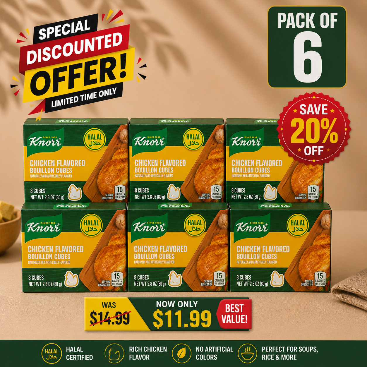 Knorr Chicken Flavored Bouillon Cubes Halal 8 Cubes Pack of 6 EXP 08-07-26 gallery