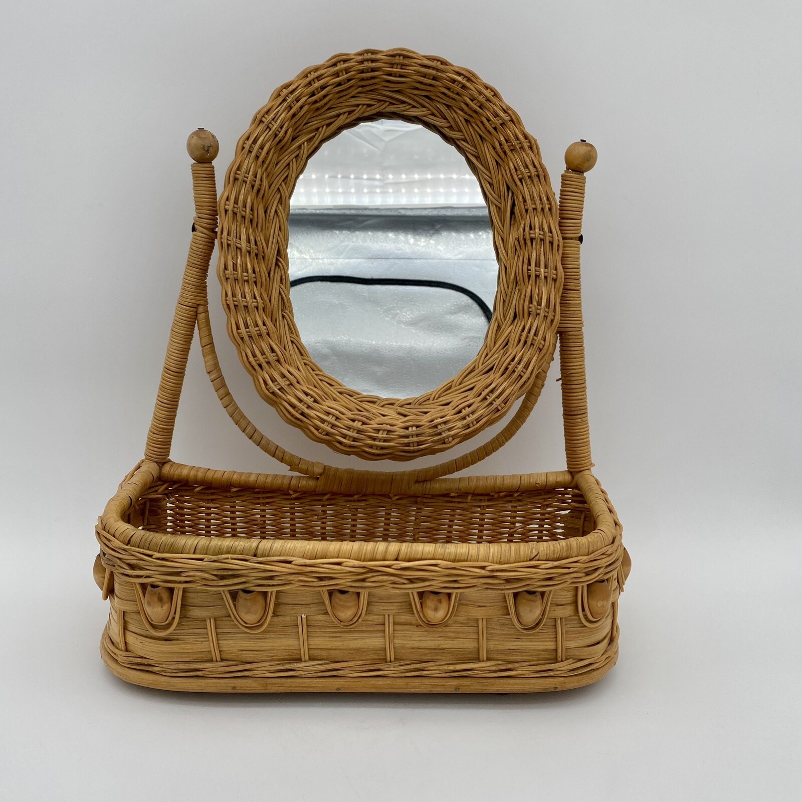 Vintage Retro Wicker Boho Tabletop Vanity Planter Box with Mirror Storage Basket gallery