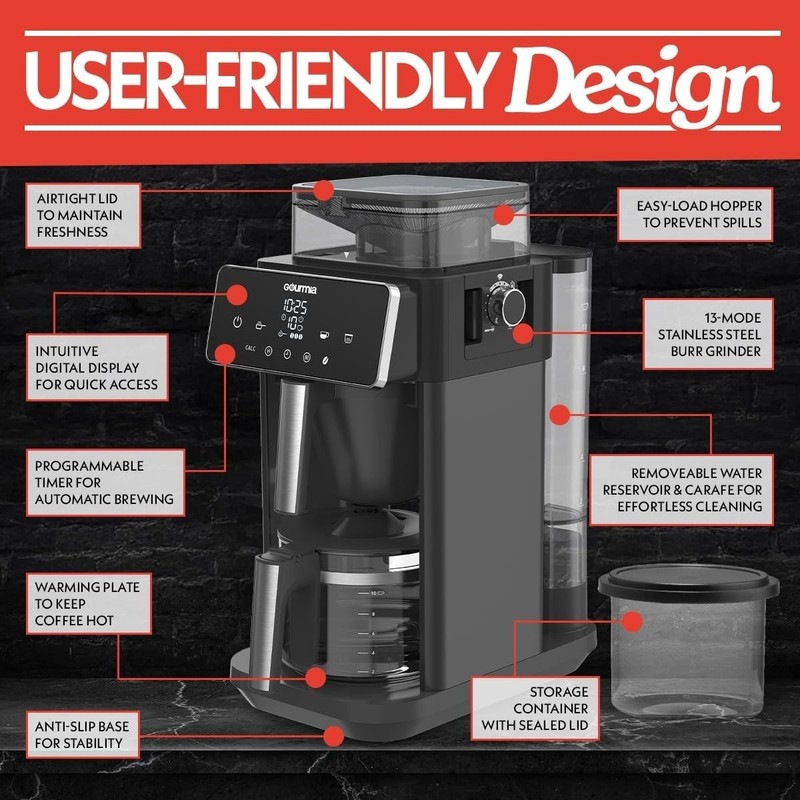Gourmia 10 Cup Grind & Brew Programmable Coffee Maker Burr Grinder Digital Black gallery