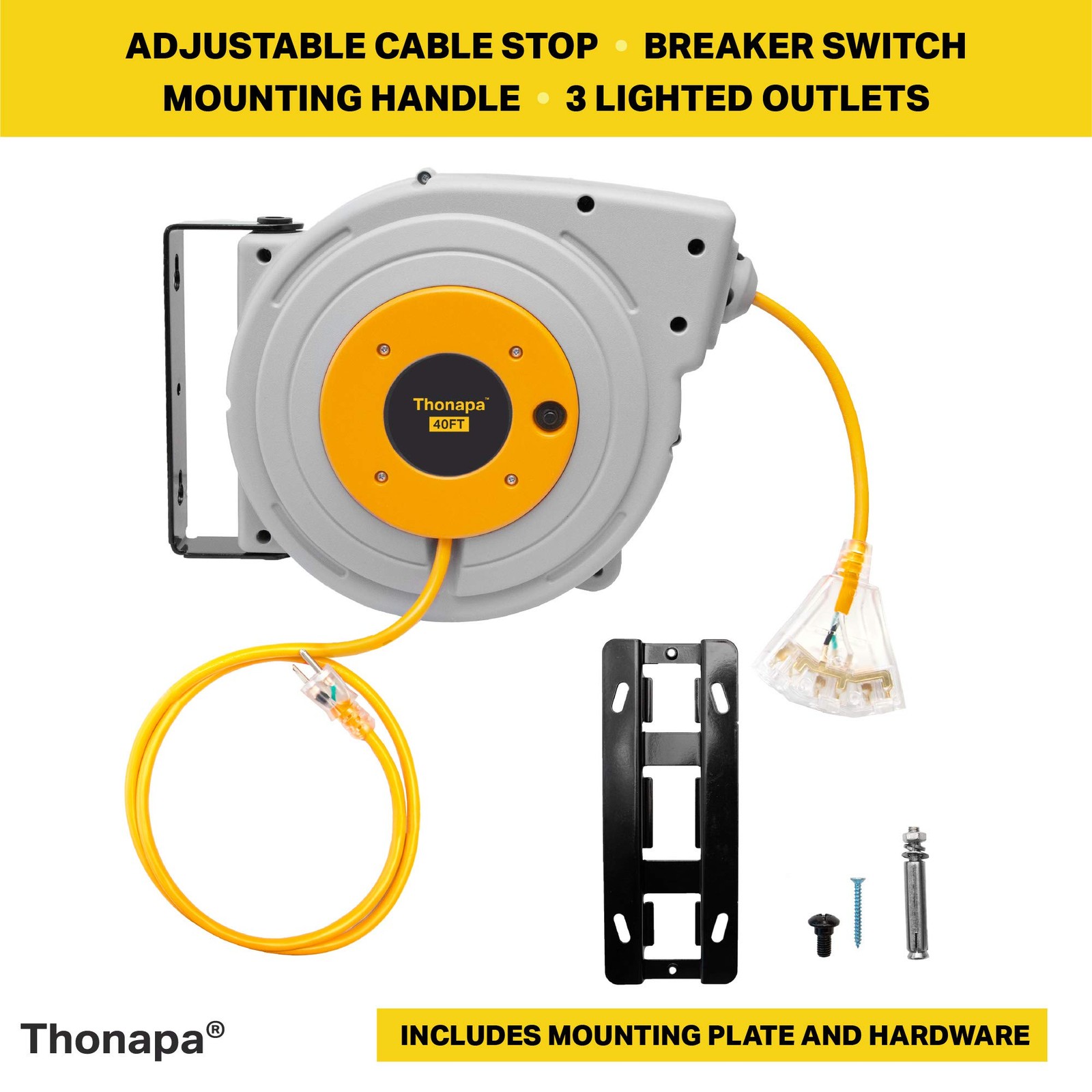 40 Ft Retractable Extension Cord Reel - 12/3 SJTW Heavy Duty Yellow Cable gallery