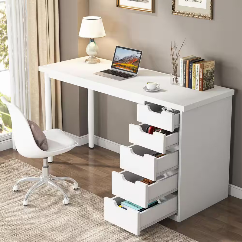 Havrvin 47 In. Rectangular White 5-Drawer Computer Desk, Modern Study Writing Ta gallery