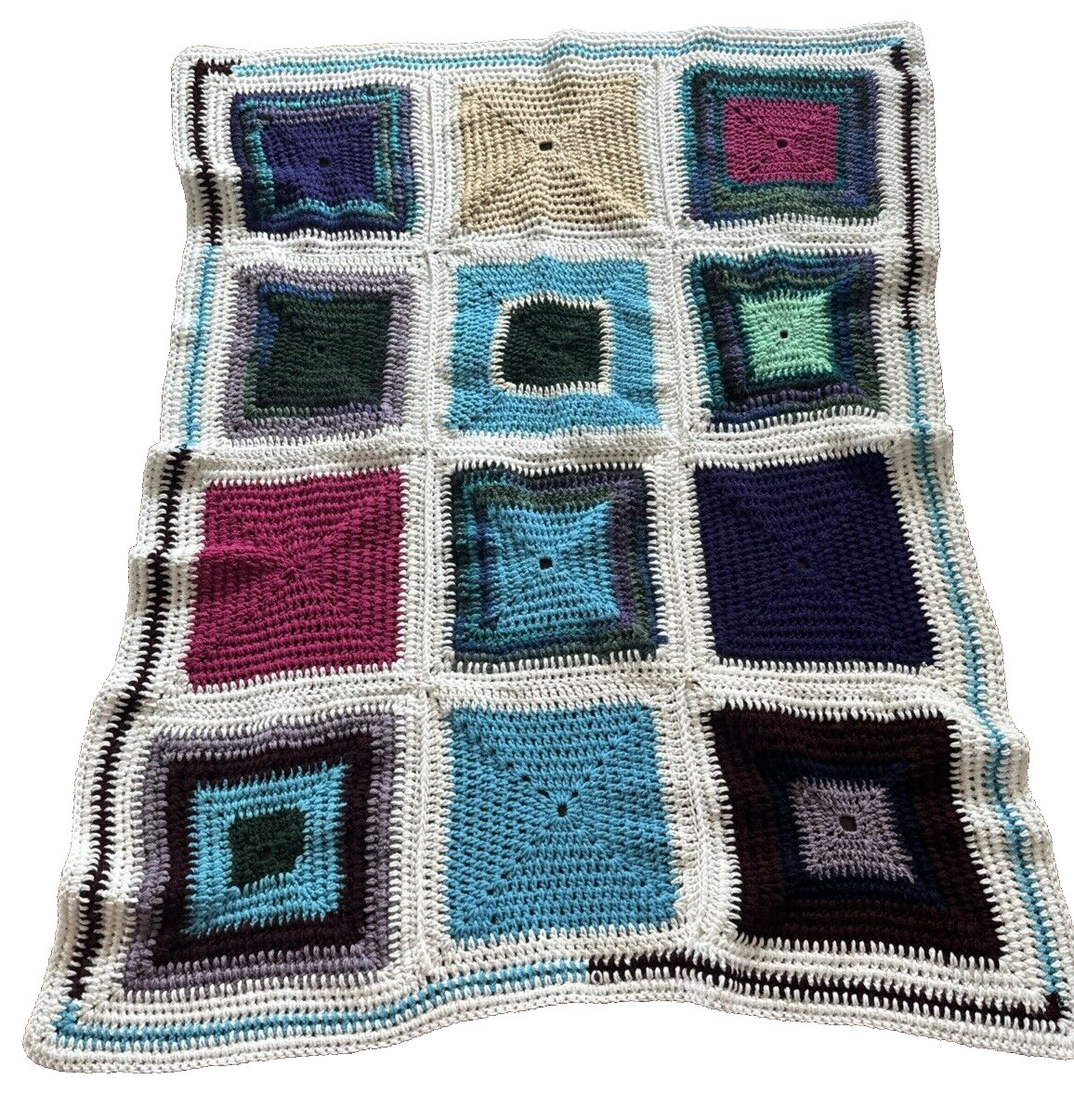 Vintage Colorblock Afghan Throw Blanket White/Blue/Mauve/Beige 52"x40" gallery