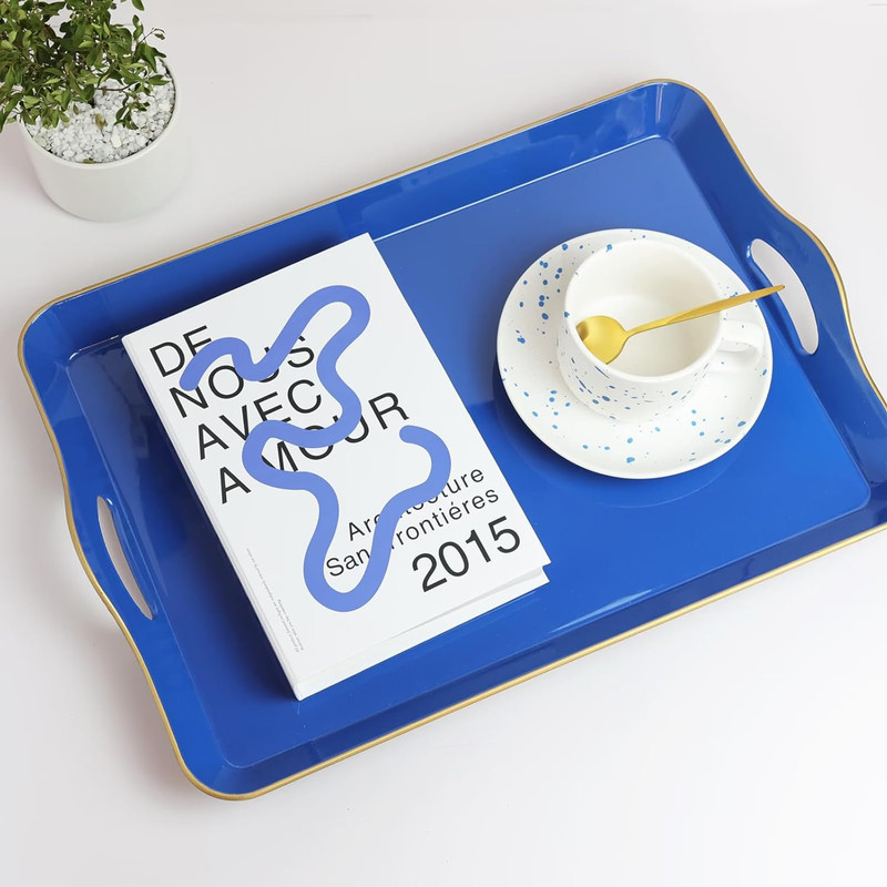 Large Blue Serving Tray with Handles, Plastic Decorative Tray for Coffee Table gallery
