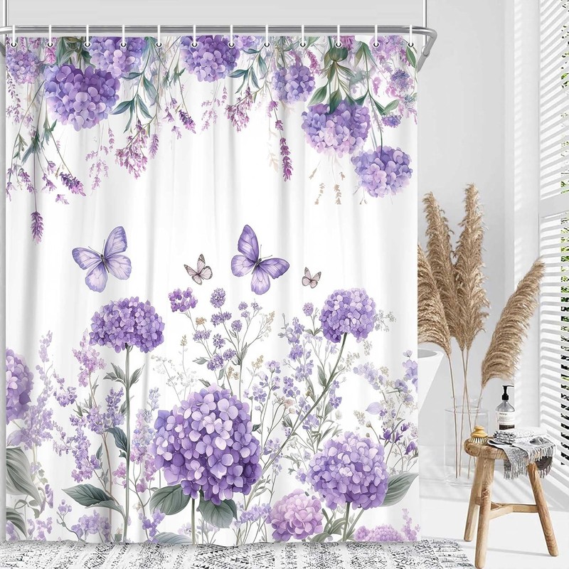 Summer Spring Hydrangea Floral Shower Curtain, Purple Colourful Floral Butterfly gallery
