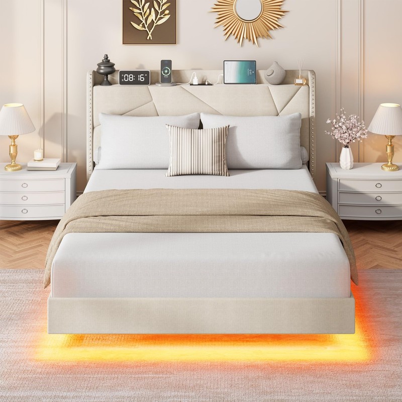 🔝Full Queen King Floating Bed Frame Upholstered W/ LED Lights Storage Headboard gallery