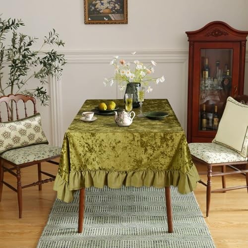 Velvet Ruffle Tablecloth, Rectangle Vintage 74" x 63" (Rectangular) Olive Green gallery