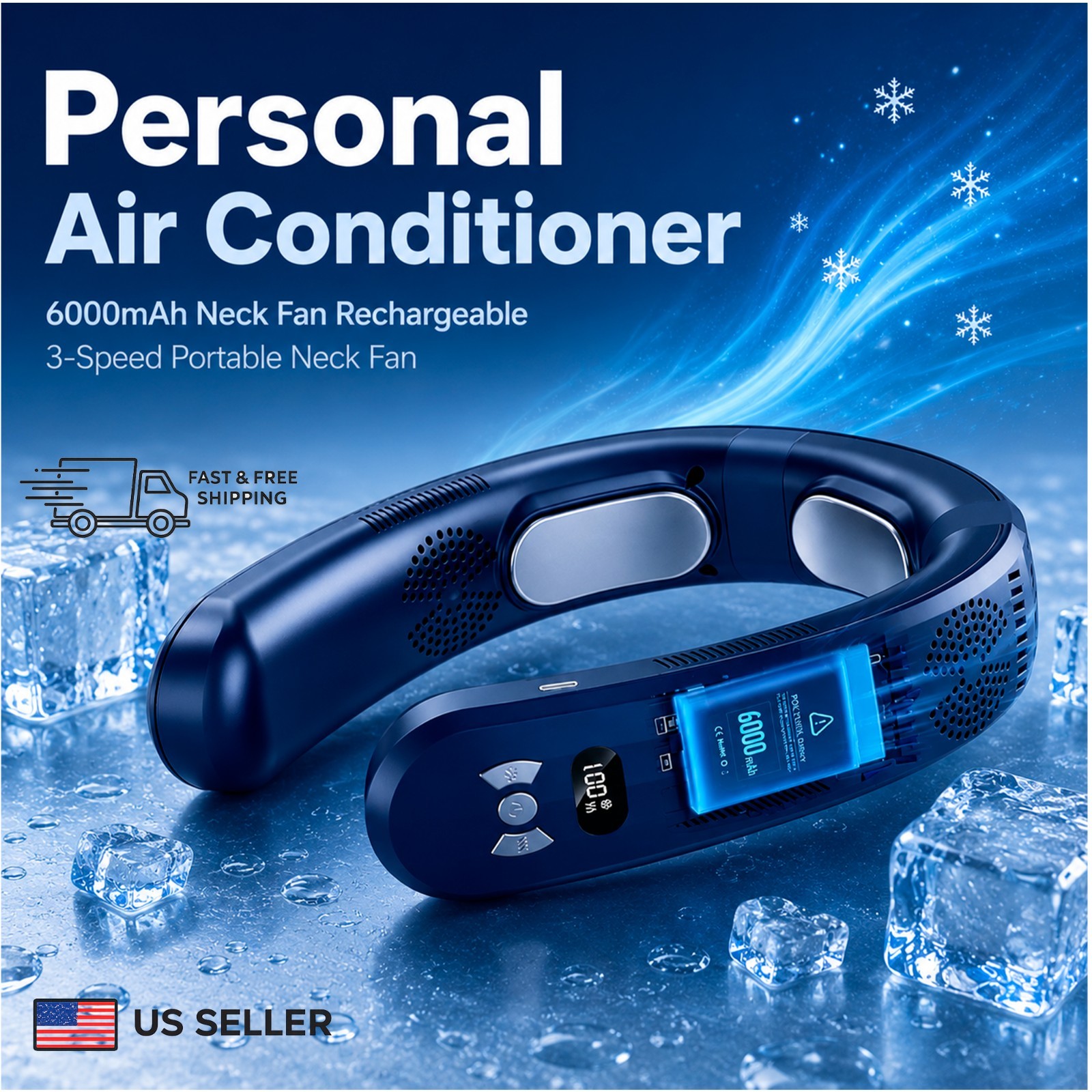 Blue Personal Air Conditioner 6000mAh Neck Fan Rechargeable 3-Speed Portable gallery