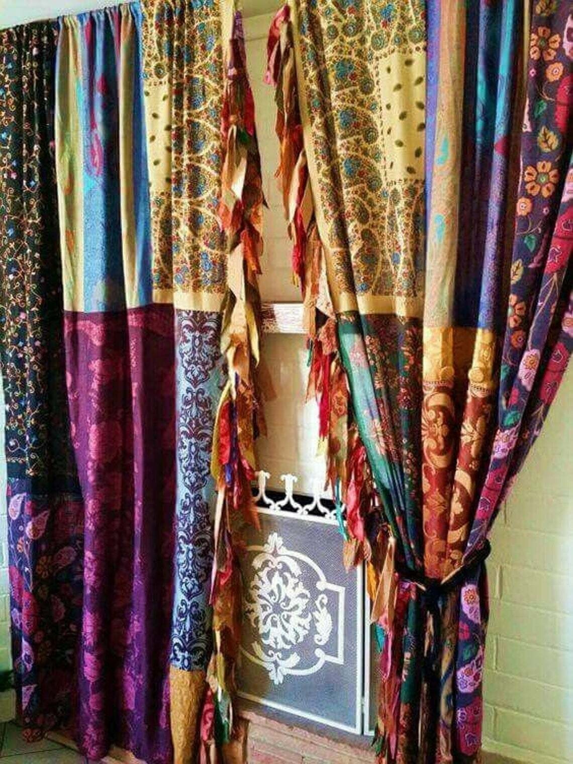 2 Pcs Indian Sari Patchwork Curtain Drape Window Decor Multi Silk Sari Curtain gallery