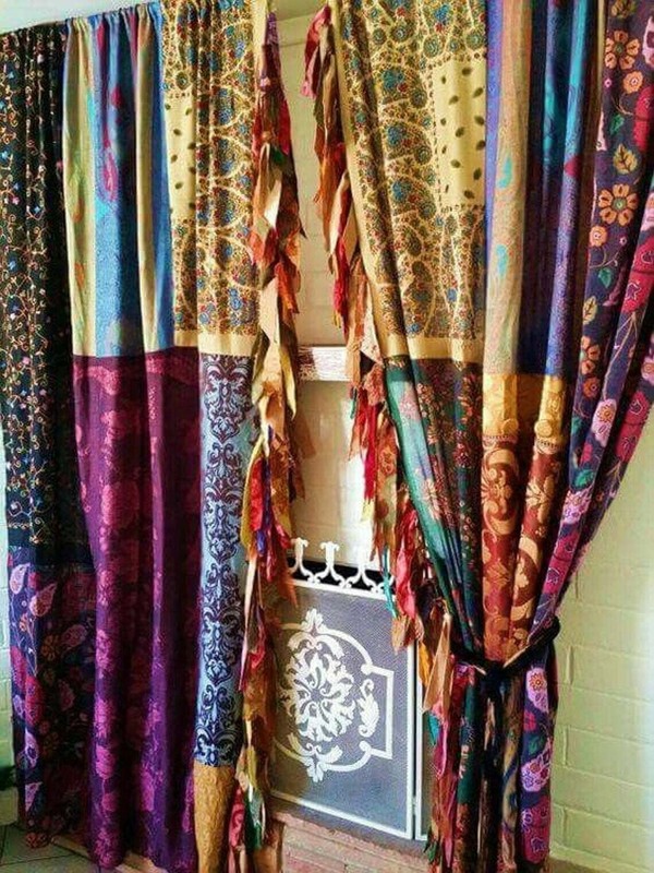 2 Pcs Indian Sari Patchwork Curtain Drape Window Decor Multi Silk Sari Curtain gallery