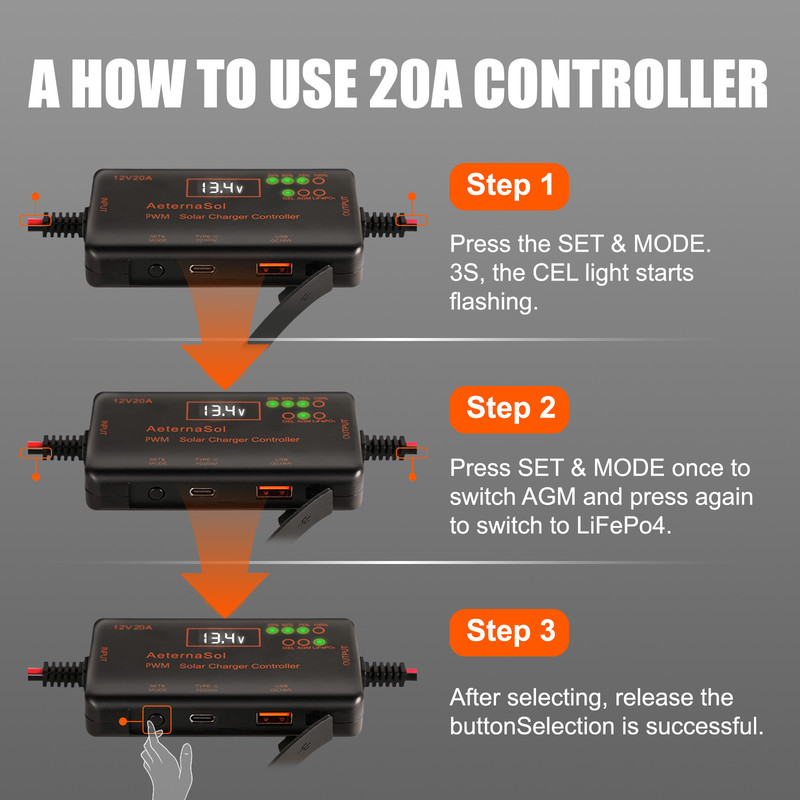 Solar Charge Controller 12V 20A Type-C&USB for Solar Panel Gel, AGM LiFePO4 gallery