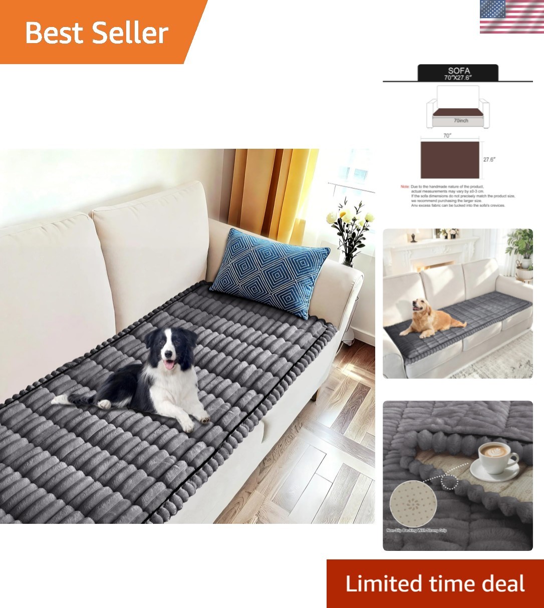 Fuzzy Couch Cover Washable Non-Slip Pet Friendly Furniture Protector for 3 Cu... gallery