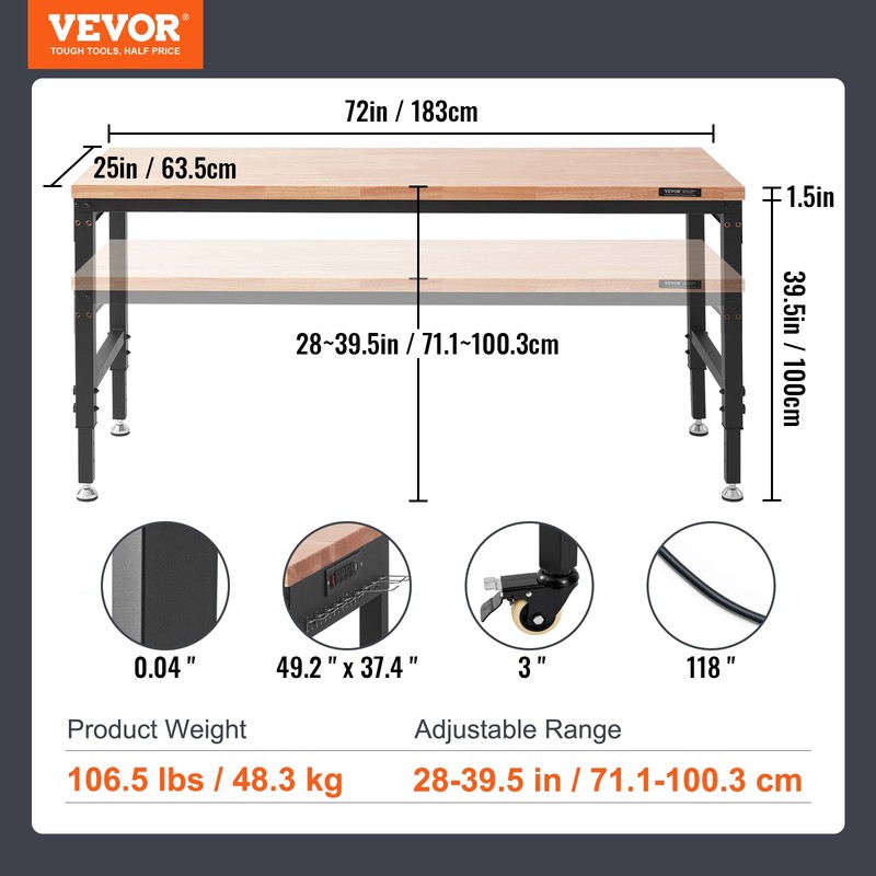 VEVOR Adjustable Height Workbench 72"L x 25"W Work Bench Table w/ Power Outlets gallery