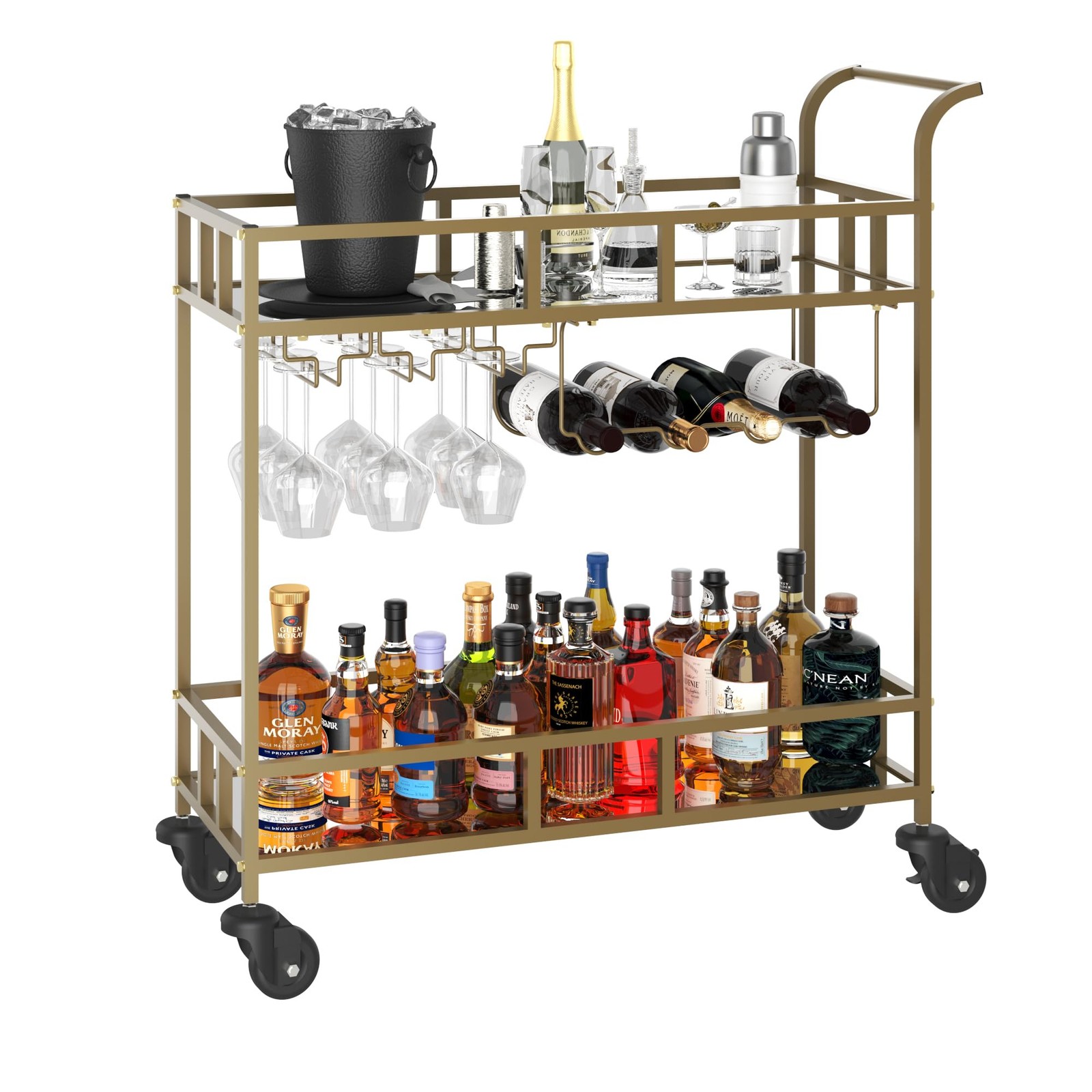 2-Tier Portable Rolling Bar Cart with Mirrored Shelves, Wine Rack & Glass Holder gallery