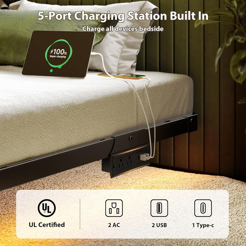 Bed Frame Queen Size, Floating Bed Frame with Smart LED Lights & Charging Statio gallery