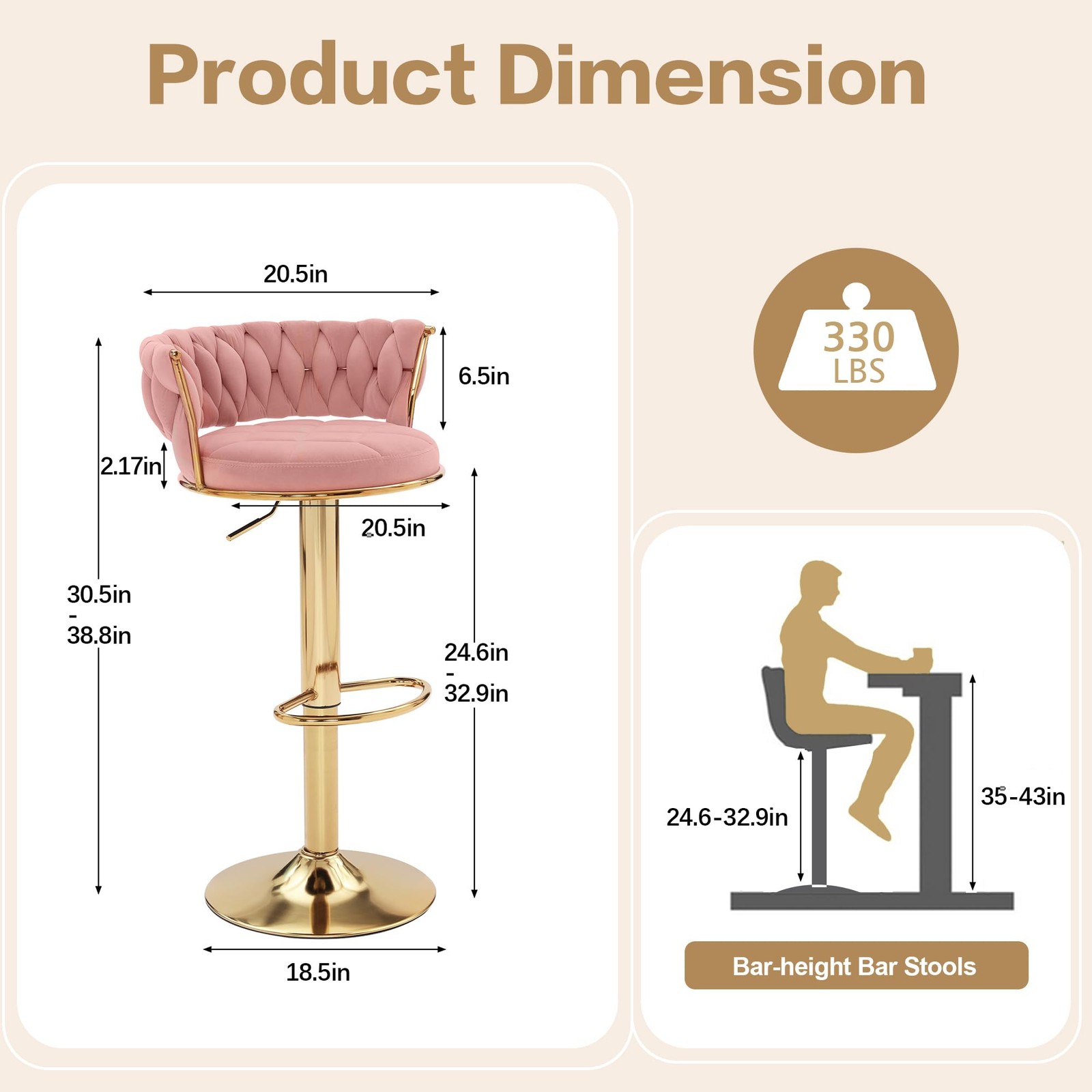 2 PCS Bar Stools Adjustable Counter Height Velvet Woven Kitchen Island Pink gallery