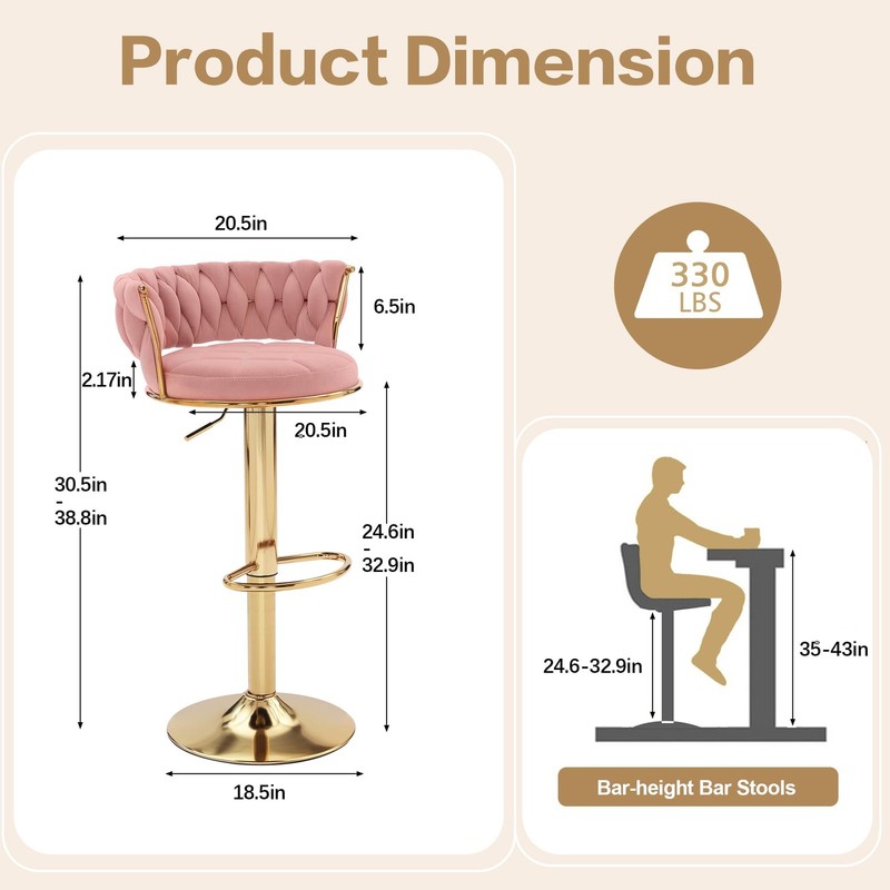 2 PCS Bar Stools Adjustable Counter Height Velvet Woven Kitchen Island Pink gallery
