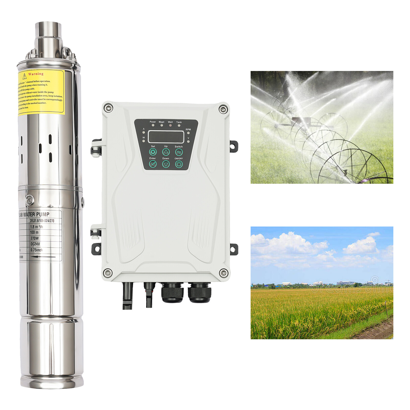 3in 24V DC Deep Well Solar Water Pump Submersible Max Head 100m/ 328ft+MPPT 270W gallery