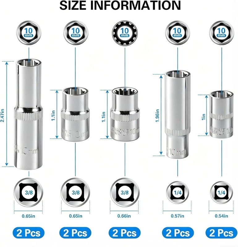 10pc 10mm Socket Set 1/4 & 3/8 Drive Impact Sockets Deep Shallow 6 & 12 Pt Cr-V gallery