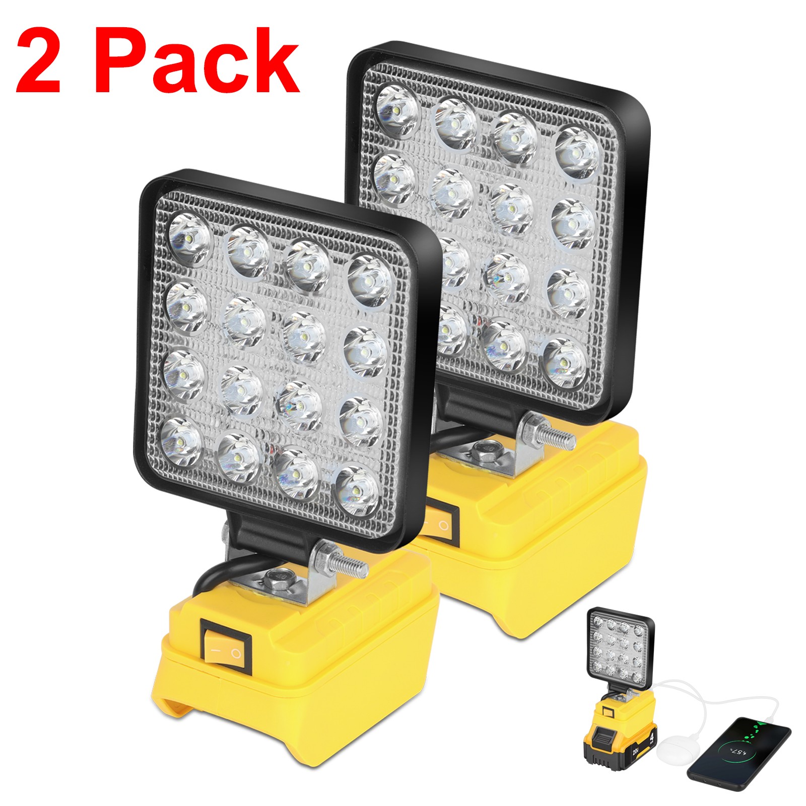 2 Pack 60W LED Work Light Flashlight for De walt 20V Battery 6000LM gallery