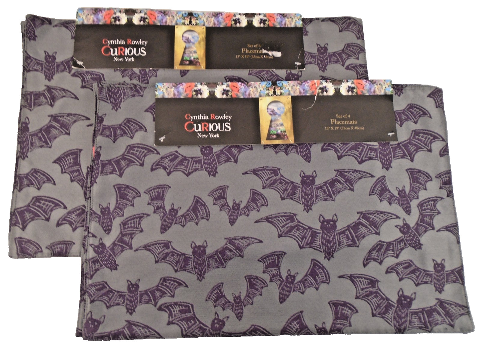 8 Cynthia Rowley Curious Halloween Purple Bats Gray Placemats 13 x 19" New gallery