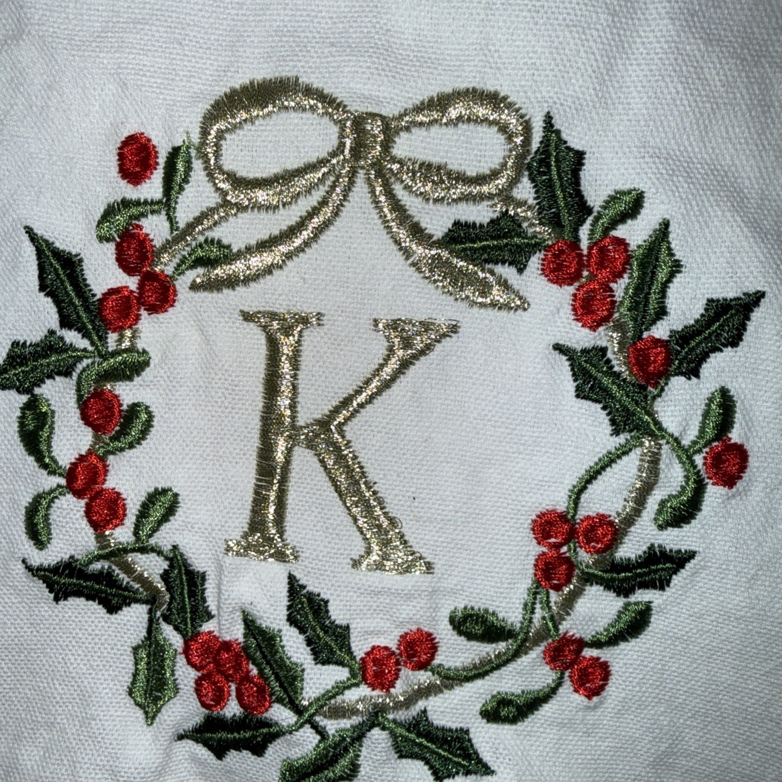 White Gold Kitchen Towel Embroidered “K” Christmas Wreath - gallery