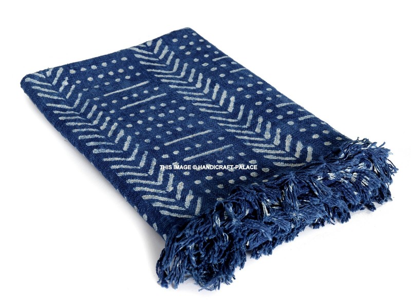 Indigo Hand Block Printed Throw Blanket Boho Mud Cloth Indian Sofa Bed Throw gallery