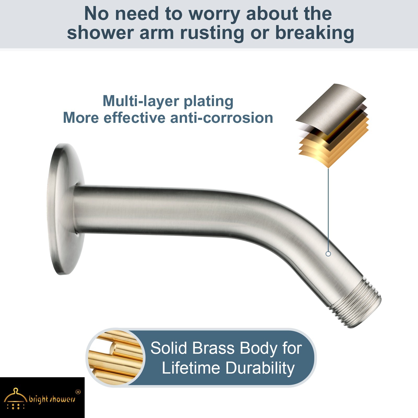 New “Bright Showers” 6'' Brass Shower Arm With Flange Brushed Nickel BAR0633-02 gallery